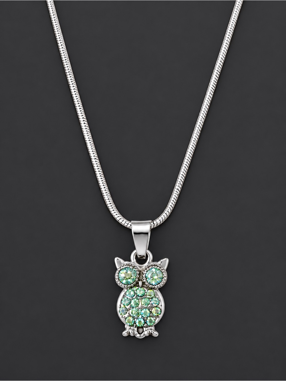 Silver Owl Necklace with Blue / Green Diamonds
